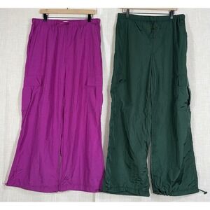 DOUBLE ZERO Lot of 2 Cargo Nylon Pants Wind Track Green Fuchsia Women's L NEW